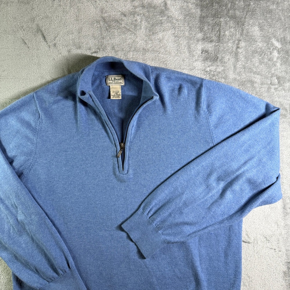 LL Bean Cotton Cashmere 1/4 Zip Pullover Sweater Knit Top Blue L